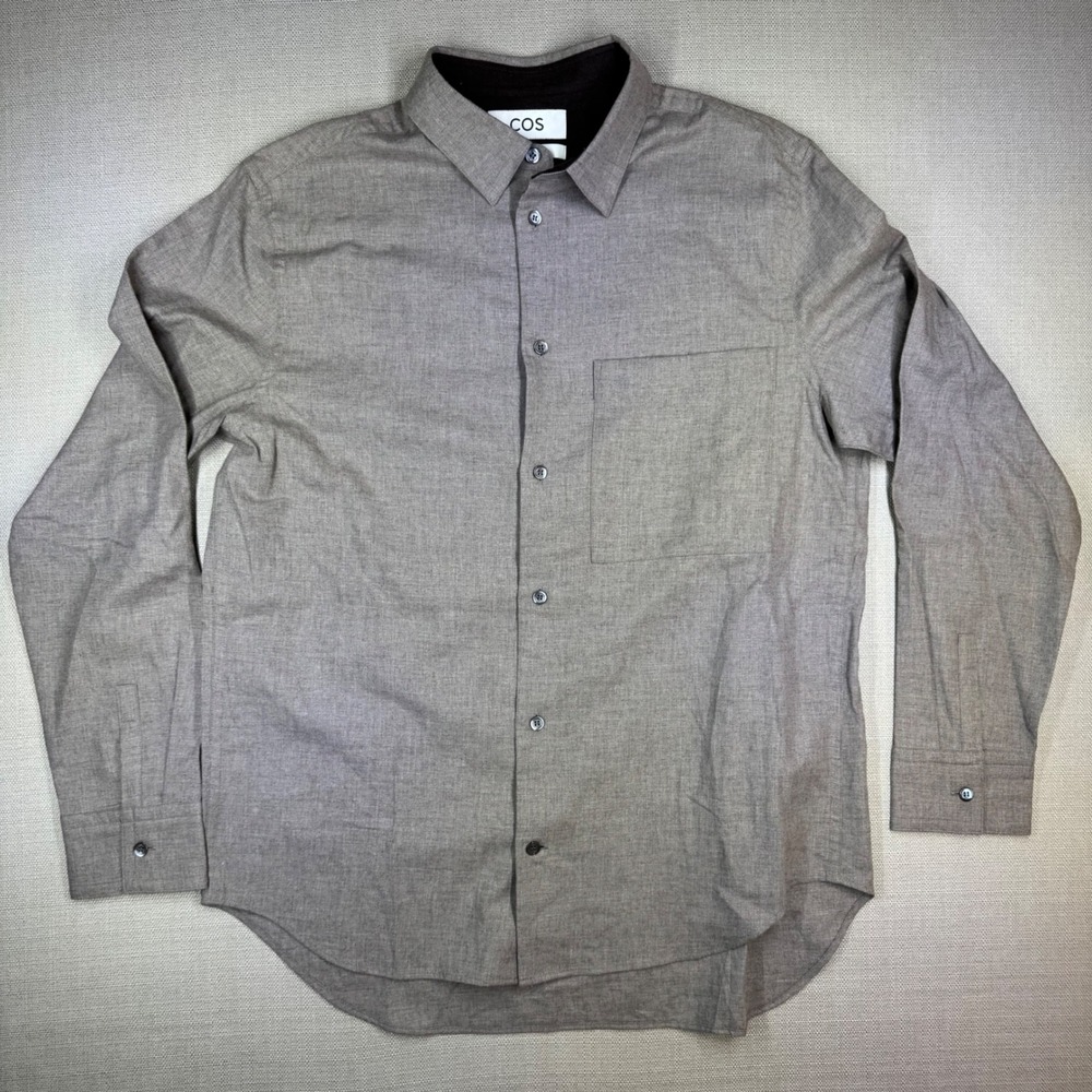 COS Mens Long Sleeve Button Down Shirt Brown Melange Minimal Pocket L 15.75 Neck